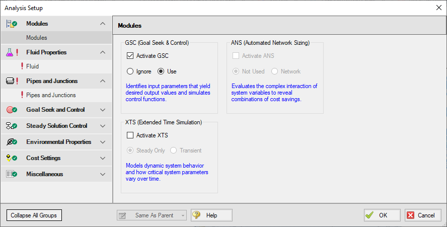 The default state of the Modules Panel in Analysis Setup.